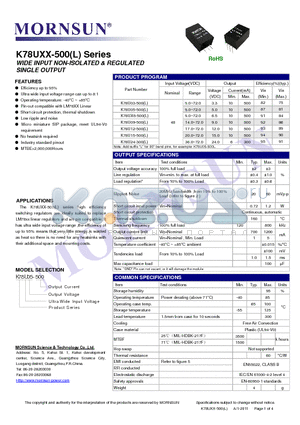 K78U12-500 datasheet - WIDE INPUT NON-ISOLATED & REGULATED SINGLE OUTPUT