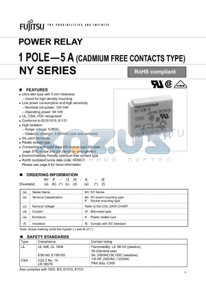NY-12W-K-IE datasheet - POWER RELAY 1 POLE-5 A (CADMIUM FREE CONTACTS TYPE)