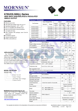 K78U03-500 datasheet - WIDE INPUT NON-ISOLATED & REGULATED SINGLE OUTPUT