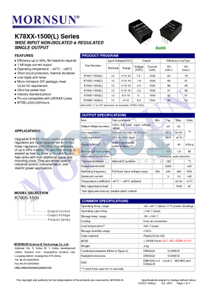 K78X6-1500 datasheet - WIDE INPUT NON-ISOLATED & REGULATED SINGLE OUTPUT