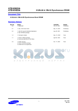 K7A161801A datasheet - 512Kx36 & 1Mx18 Synchronous SRAM