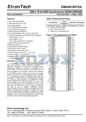 EM6AB160TSA datasheet - 32M x 16 bit DDR Synchronous DRAM (SDRAM)