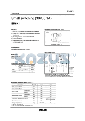 EM6K1T2R datasheet - Small switching (30V, 0.1A)