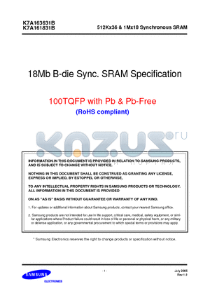 K7A163630B-PI16 datasheet - 18MB B-DIE SYNC SRAM SPECIFICATION 100TQFP WITH PB, PB-FREE