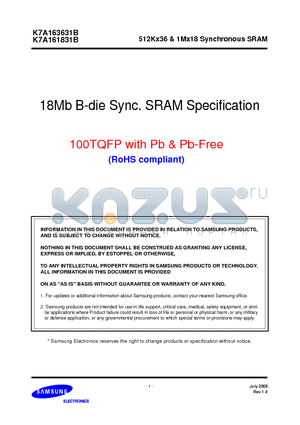 K7A163631B datasheet - 18MB B-DIE SYNC SRAM SPECIFICATION 100TQFP WITH PB, PB-FREE