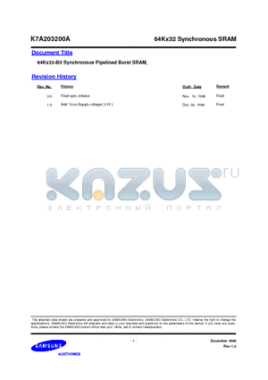 K7A203200A datasheet - 64Kx32-Bit Synchronous Pipelined Burst SRAM