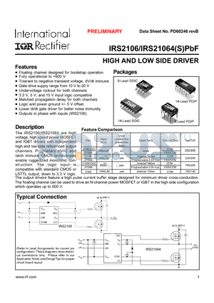 IRS2106PBF datasheet - HIGH AND LOW SIDE DRIVER