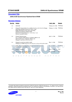 K7A401800M datasheet - 256Kx18 Synchronous SRAM