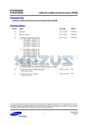 K7A401809A datasheet - 128Kx36 & 256Kx18-Bit Synchronous Pipelined Burst SRAM