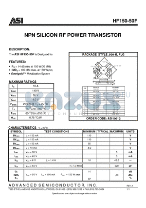 HF150-50F datasheet - NPN SILICON RF POWER TRANSISTOR