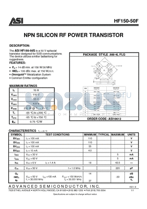 HF150-50F datasheet - NPN SILICON RF POWER TRANSISTOR