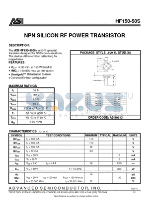 HF150-50S datasheet - NPN SILICON RF POWER TRANSISTOR