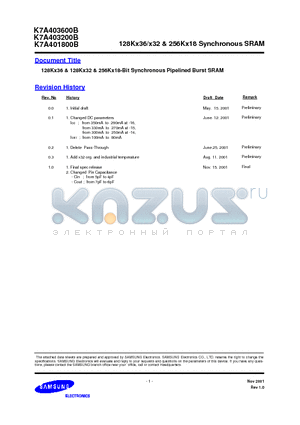 K7A403609B datasheet - 128Kx36/x32 & 256Kx18 Synchronous SRAM