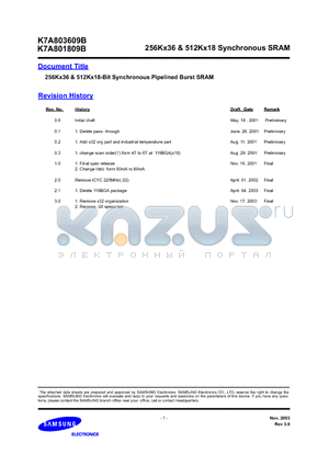 K7A801800B-QC14 datasheet - 256Kx36 & 512Kx18-Bit Synchronous Pipelined Burst SRAM