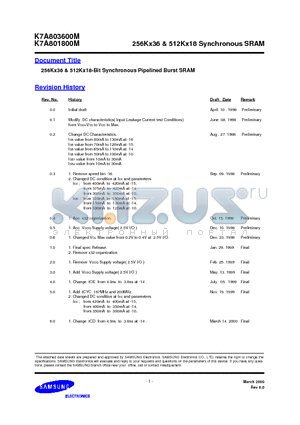 K7A801800M datasheet - 256Kx36 & 512Kx18 Synchronous SRAM