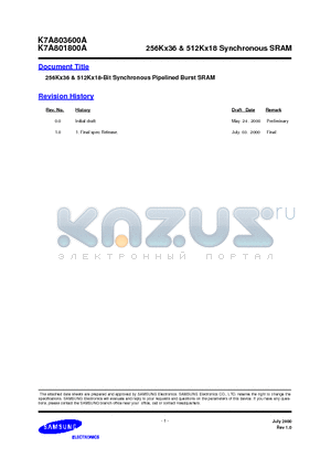 K7A801800A-14 datasheet - 256Kx36 & 512Kx18-Bit Synchronous Pipelined Burst SRAM