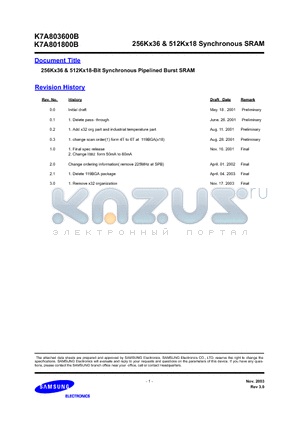 K7A803600B datasheet - 256Kx36 & 512Kx18 Synchronous SRAM
