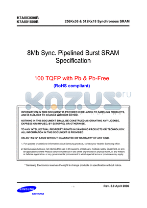 K7A803600B_06 datasheet - 256Kx36 & 512Kx18 Synchronous SRAM