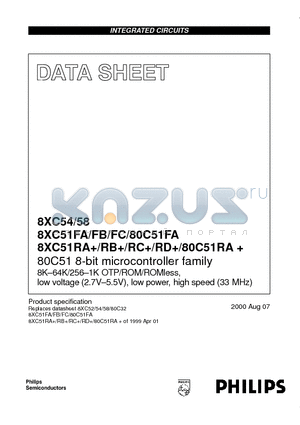 P87C54UFAA datasheet - 80C51 8-bit microcontroller family 8K-4K/256-1K OTP/ROM/ROMless, low voltage (2.7V-5.5V), low power, high speed (33 MHz)