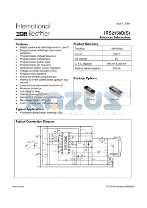 IRS2158DS datasheet - Ballast control and half-bridge driver in one IC