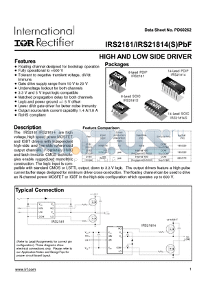 IRS2181S datasheet - HIGH AND LOW SIDE DRIVER