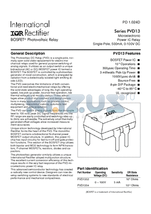 PVD13 datasheet - Photovoltaic Relay Microelectronic Power IC Relay Single-Pole, 500mA, 0-100V DC