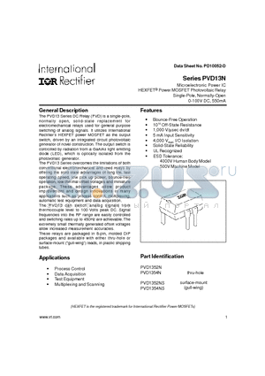 PVD1354N datasheet - HEXFET^ Power MOSFET Photovoltaic Relay Single-Pole, Normally-Open 0-100V DC, 550mA