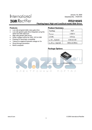 IRS21956 datasheet - Floating Input, High and Low(Dual mode) Side Driver