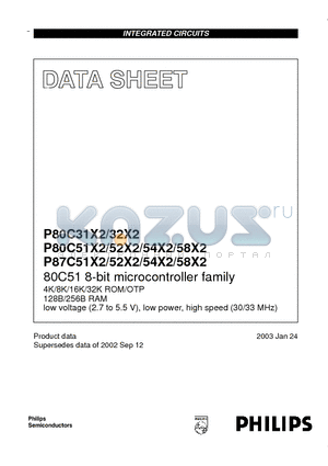 P87C58X2BBD datasheet - 80C51 8-bit microcontroller family 4K/8K/16K/32K ROM/OTP 128B/256B RAM low voltage 2.7 to 5.5 V, low power, high speed 30/33 MHz