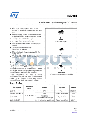 LM2901P datasheet - LOW POWER QUAD VOLTAGE COMPARATORS