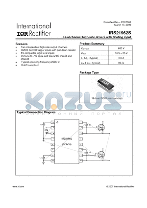 IRS21962 datasheet - Dual channel high-side drivers with floating input