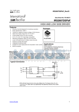 IRS2607DSPBF datasheet - HIGH AND LOW SIDE DRIVER