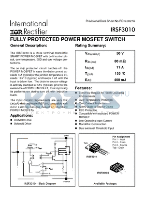 IRSF3010 datasheet - FULLY PROTECTED POWER MOSFET SWITCH(Vds=50V, Rds(on)=80mohm)