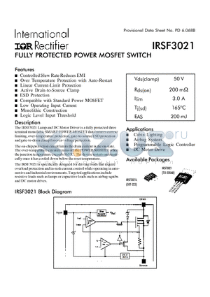 IRSF3021 datasheet - FULLY PROTECTED POWER MOSFET SWITCH(Vds(50V), Rds(on)=200mohm)
