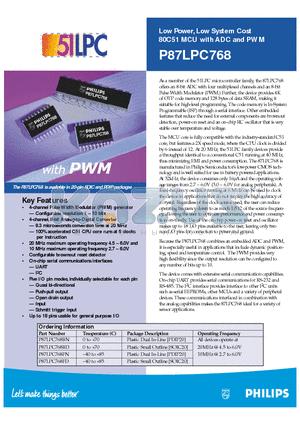 P87LPC768 datasheet - Low Power, Low System Cost 80C51 MCU with ADC and PWM