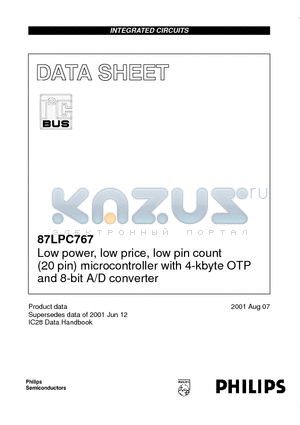 P87LPC767BD datasheet - Low power, low price, low pin count 20 pin microcontroller with 4-kbyte OTP and 8-bit A/D converter