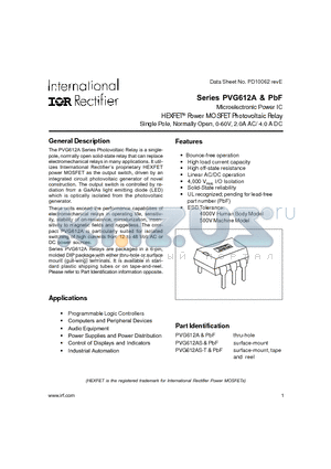 PVG612AS-T datasheet - Microelectronic Power IC HEXFET Power MOSFET Photovoltaic Relay Single Pole, Normally Open, 0-60V, 2.0A AC/ 4.0 A DC