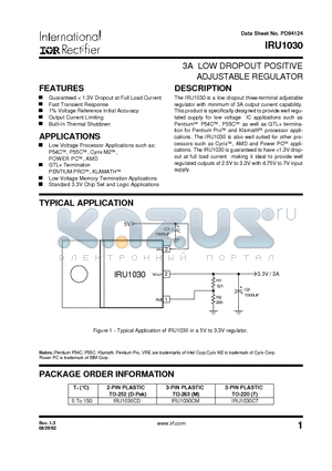 IRU1030CT datasheet - 3A LOW DROPOUT POSITIVE ADJUSTABLE REGULATOR