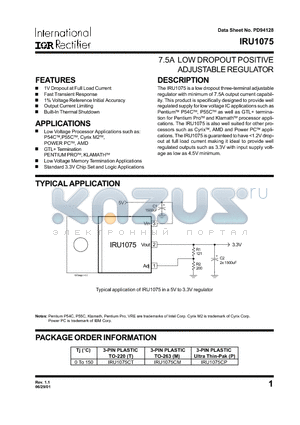 IRU1075 datasheet - 7.5A LOW DROPOUT POSITIVE ADJUSTABLE REGULATOR