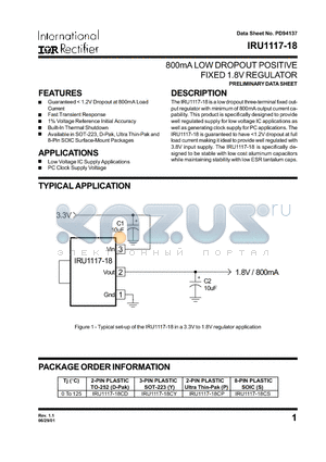 IRU1117-18 datasheet - 800mA LOW DROPOUT POSITIVE FIXED 1.8V REGULATOR