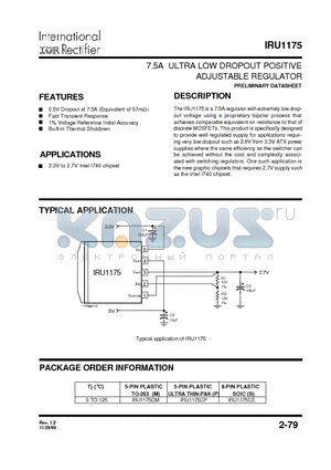 IRU1175 datasheet - 7.5A ULTRA LOW DROPOUT POSITIVE ADJUSTABLE REGULATOR