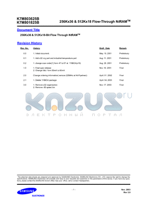 K7M803625B datasheet - 256Kx36 & 512Kx18-Bit Flow Through NtRAM