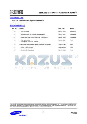 K7M801825B-QC75 datasheet - 256Kx36 & 512Kx18-Bit Pipelined NtRAM