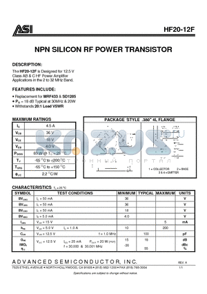 HF20-12F datasheet - NPN SILICON RF POWER TRANSISTOR