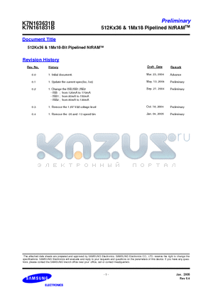 K7N161831B datasheet - 512Kx36 & 1Mx18 Pipelined NtRAM