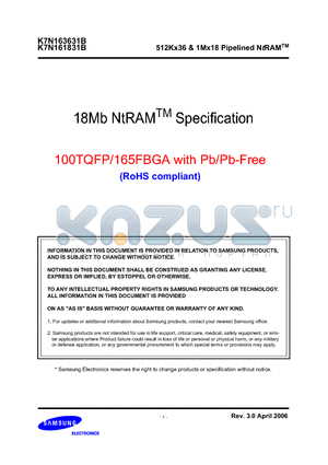 K7N161831B datasheet - 512Kx36 & 1Mx18 Pipelined NtRAM