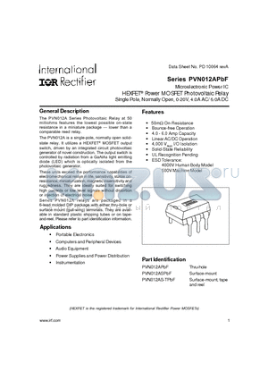 PVN012APBF datasheet - Microelectronic Power IC HEXFET Power MOSFET Photovoltaic Relay Single Pole, Normally Open, 0-20V, 4.0A AC/ 6.0A DC