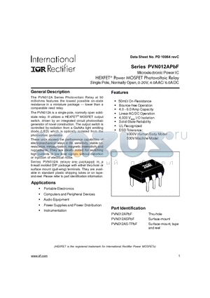 PVN012AS-TPBF datasheet - HEXFET^ Power MOSFET Photovoltaic Relay