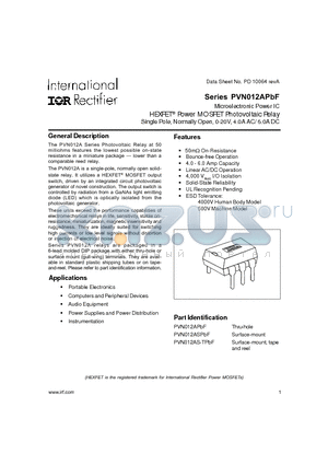 PVN012ASPBF datasheet - Microelectronic Power IC HEXFET Power MOSFET Photovoltaic Relay Single Pole, Normally Open, 0-20V, 4.0A AC/ 6.0A DC