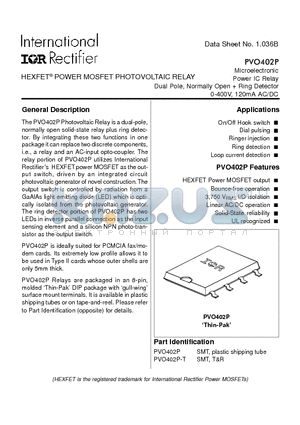 PVO402P datasheet - POWER MOSFET PHOTOVOLTAIC RELAY Microelectronic Power IC Relay Dual Pole, Normally Open  Ring Detector 0-400V, 120mA AC/DC